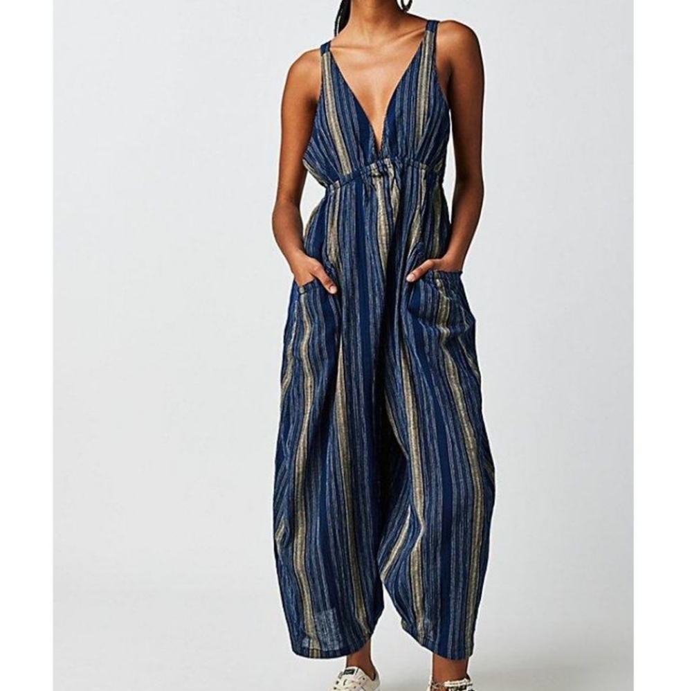 FREE PEOPLE Kind Favor Striped One Piece Jumpsuit in Blue SZ: M
